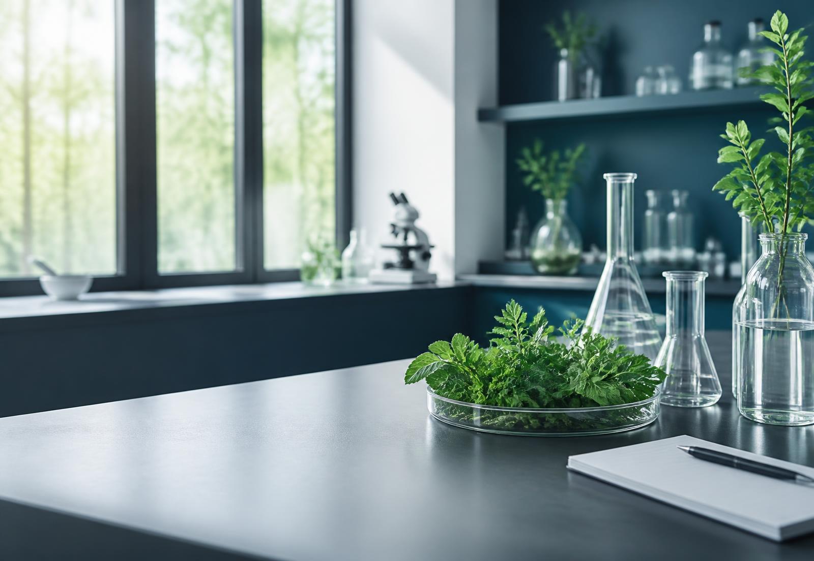 Pharmacy laboratory bench with glassware and preparation equipment